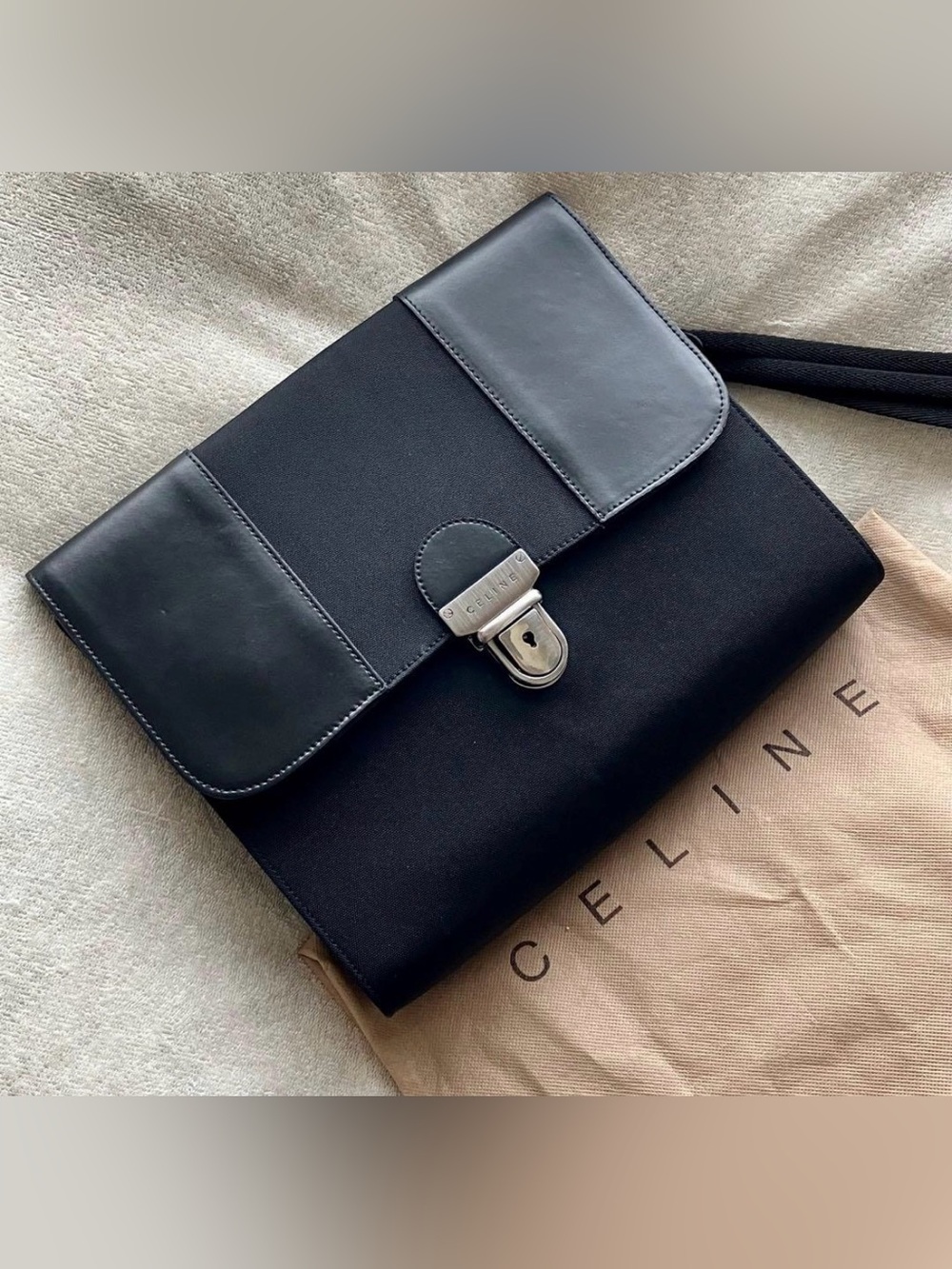Celine Vintage Navy Nylon Canvas Leather Panels Envelope Clutch Bag Purse